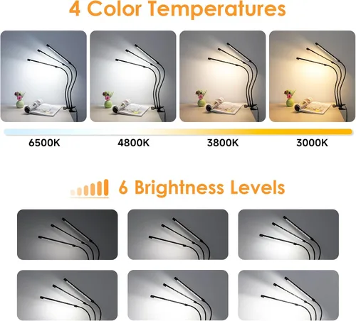 Vista 5 de ShineTech Lámpara de escritorio LED con abrazadera, iluminación ultra ancha de 3 cabezales, 4 modos de color, lámpara de trabajo de cuello de cisne