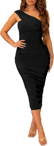 Vista 3 de Halfword Vestido midi sexy de un hombro para mujer, fruncido, entallado, con cordón, para fiesta nocturna, club, cóctel