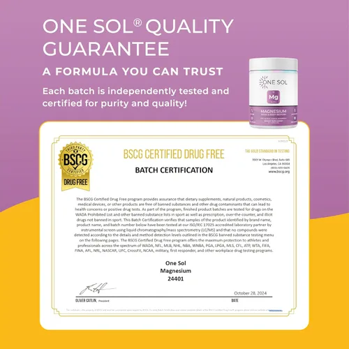 Vista 6 de One Sol Magnesio, 1378 mg Bisglicinato de Magnesio de Doble Fuente para el sueño, la relajación y la recuperación de todo el cuerpo, Alta absorción