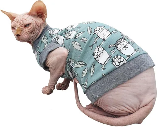 Vista 2 de Hairless Cat - Camiseta elástica de algodón con diseño de búhos tiernos para gato Sphynx (XS)
