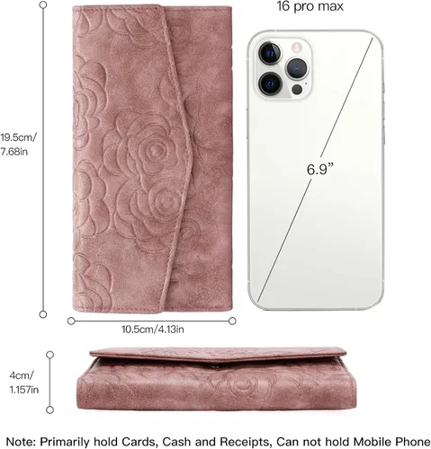 Vista 4 de GOIACII Cartera de mujer con bloqueo RFID para tarjetas de crédito, monedero con cremallera y bolsillo para monedas, flor en relieve, color rosa