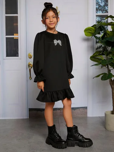Vista 5 de WDIRARA Vestido de manga con volantes y cuello redondo y estampado de lazo para niña