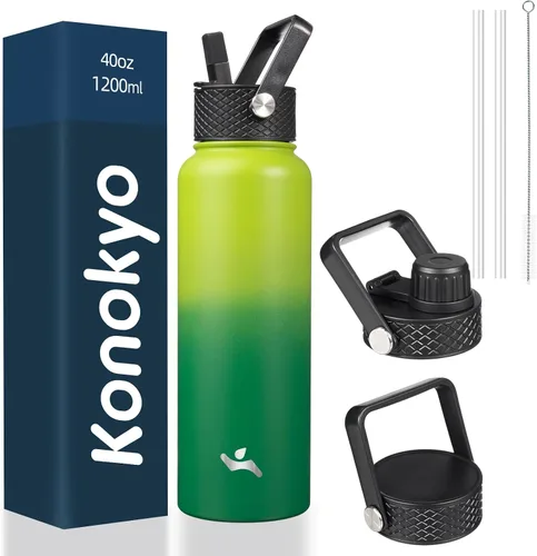Vista 28 de Konokyo - Botella de agua aislada de 18 onzas, botellas deportivas de acero inoxidable con 3 tapas, verde militar