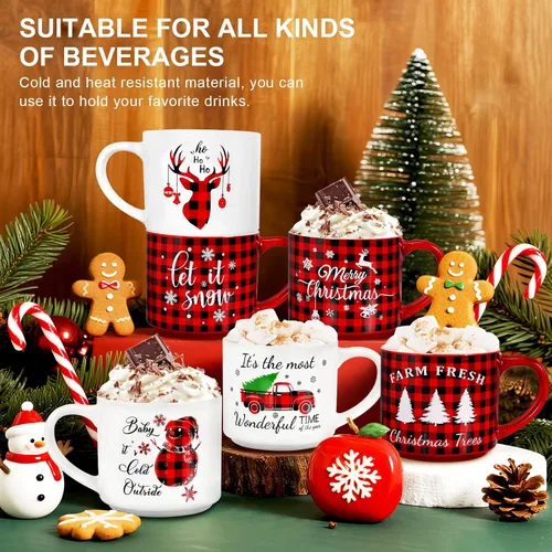 Vista 5 de QIKSION Juego de 6 Tazas de Café Navideñas de 16 oz, Grandes Tazas de Chocolate Caliente, Juego de Tazas de Cerámica de Cocoa para Vacaciones Regalo