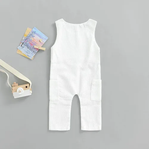 Vista 3 de Overol de pana con bolsillos para bebé sin mangas con botones con tirante color liso ropa de otoño para niños pequeños