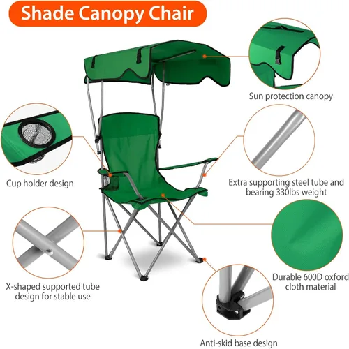 Vista 5 de KOCASO Silla de camping plegable con toldo – Silla de playa de protección solar con toldo de sombra, carga de 330 libras, asiento plegable