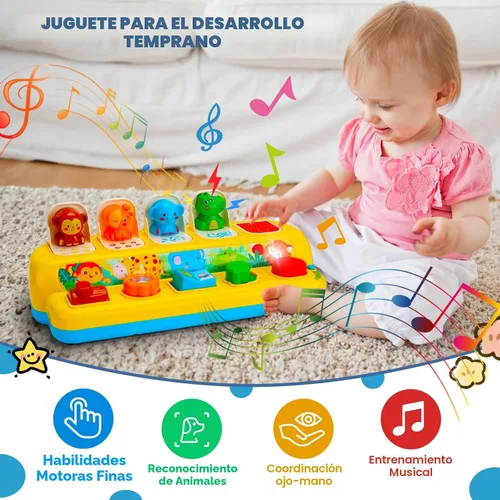Vista 5 de Juguetes interactivos emergentes de animales con música y luz, juguetes Montessori de causa y efecto para niños y niñas de 1 año, juguete musical