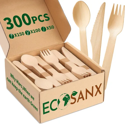 Vista 10 de ECOSANX® 120 piezas de tenedores de madera para comer de 16.5 cm libres de astillas, compostables, juego de cubiertos de madera ecológico