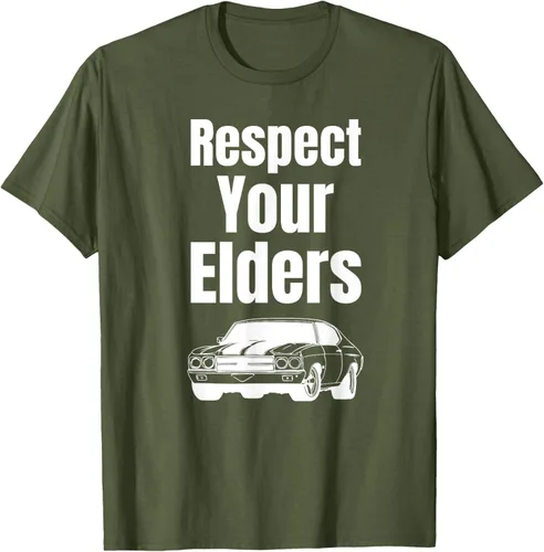 Vista 75 de Divertido regalo de auto para chicos – Respect Your Elders Classic Muscle Car Camiseta, Negro, S