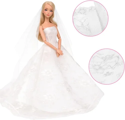 Vista 7 de Vestido de boda con velo blanco Barwa para muñeca Barbie