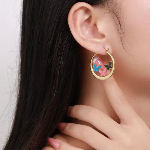 Vista 4 de Aretes de aro, aretes de acero inoxidable chapados en oro personalizado, Acero inoxidable, Sin gemas.