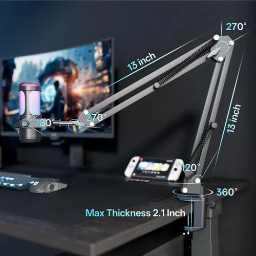 Vista 7 de JARO Micrófono USB para podcast con brazo de brazo, micrófono de condensador de estudio con monitoreo en tiempo real, silencio, control de volumen
