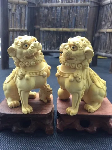 Vista 4 de Feng Shui - Par de estatuas de perros Fu Foo, adornos de estatua de Kylin de madera maciza, protección de energía malvada, estatua de Pixiu/Piyao