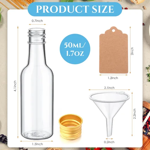 Vista 2 de Yinder Juego de 100 mini botellas de licor de 1.7 onzas a granel pequeñas botellas vacías de plástico con tapas, embudos de papel Kraft, cuerdas