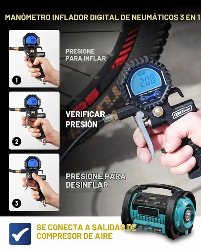 Vista 2 de Adaptador de válvula Presta con manómetro e inflador para compresor de aire Black