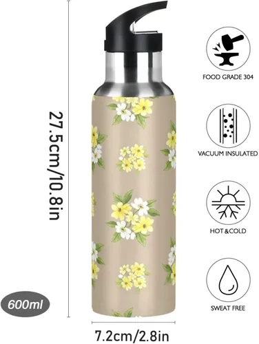 Vista 9 de Stainless Steel Vacuum Insulated Water Bottle 20 Oz, Leakproof Water Bottles for Gym Outdoor Travel School, Yellow White Flowers Beige