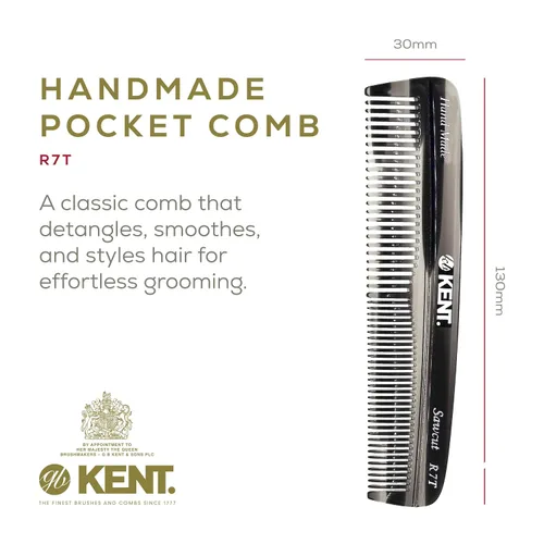 Vista 2 de Kent R7T - Peine de pelo de dientes finos y dientes anchos de grafito negro, peine de bolsillo hecho a mano para hombres, el mejor peine para barba
