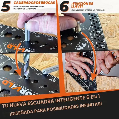 Vista 3 de THORVALD Escuadra de carpintero 6 en 1 de 7 pulgadas (precisión: 1/16 de pulgada), multifunción, herramientas: llave tuercas, escuadra 1 cuadrado