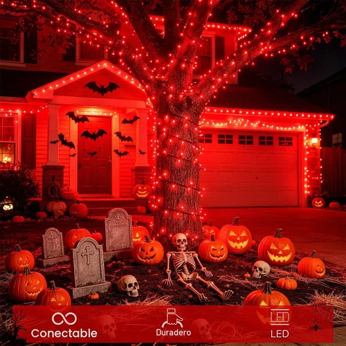 Vista 4 de JMEXSUSS 250 luces LED rojas para Halloween, cadena de luces rojas de 91.5 Rojo