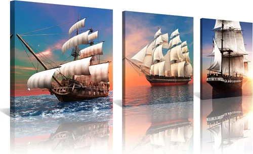 Vista 11 de Arte de pared costero de playa, arte en lienzo de barco azul, imágenes de gaviota, paisaje marino, impresiones de pintura de paisajes marinos, obras
