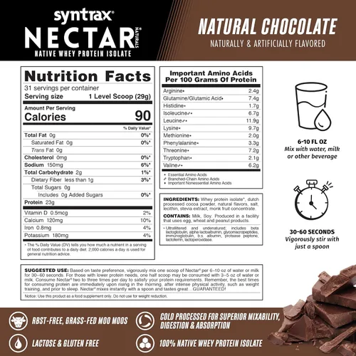 Vista 3 de Syntrax Nectar Natural, Chocolate 2 lbs. 100% aislado de proteína de suero