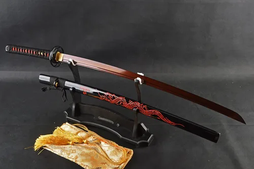 Vista 3 de Dragón rojo grabado SAYA - Espada guerrera katana japonesa de Damasco con hoja de acero doblada