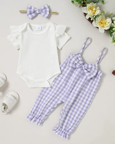 Vista 2 de SOLOYEE Baby Girl Clothes Girls Outfit Short Sleeve Top+Suspender Pants+Bow Headband Baby Girl Clothing