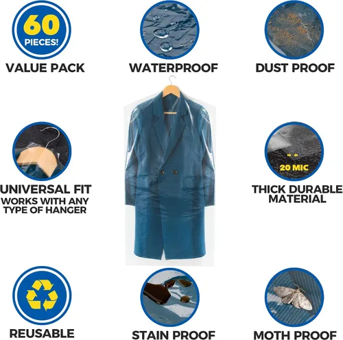 Vista 3 de 60 paquetes de bolsas para limpieza en seco para ropa de 40 pulgadas de largo - Bolsas transparentes de plástico para colgar ropa, cubierta