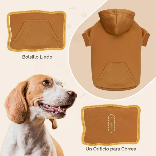 Vista 4 de Sudadera con capucha para perros pequeños, ropa de forro polar cepillado suave y liso, sudadera con capucha para mascotas con bolsillo (café-XS)