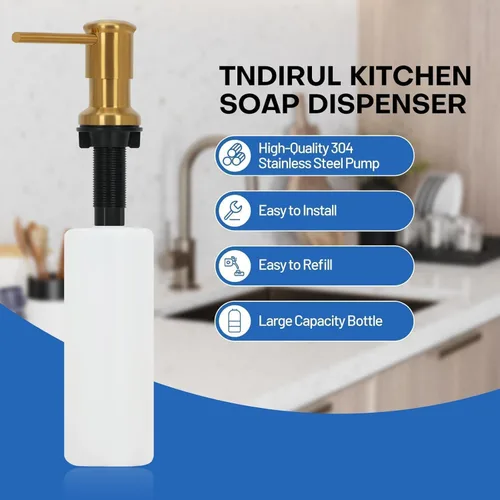 Vista 5 de Dispensador de jabón de acero inoxidable dorado para fregadero de cocina, dispensador de jabón con bomba integrada de oro cepillado, dispensador