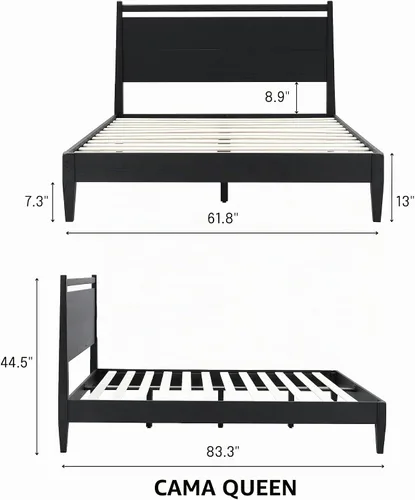 Vista 2 de NTC Adept Marco de cama de madera con cabecero, base de madera de roble macizo y caucho con listones silenciosos y soportes centrales de madera