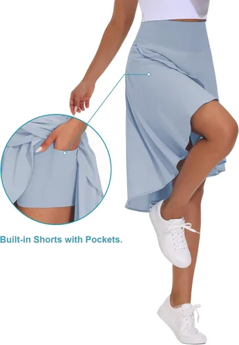 Vista 4 de THE GYM PEOPLE Falda midi asimétrica de cintura alta con volantes y dobladillo asimétrico alto y bajo para mujer con pantalones cortos