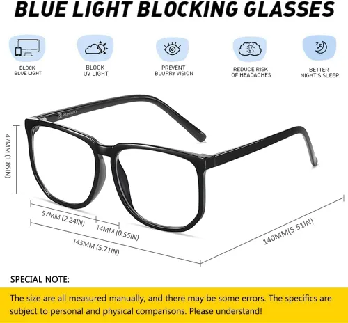 Vista 7 de SHEEN KELLY TR90 Oversized Blue Light Blocking Glasses Men Women Square Computer Eyewear Nerd Black Large Clear Lens