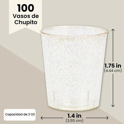 Vista 5 de Juvale Vasos de chupito – Plástico con purpurina dorada de 2 onzas, 100 unidades – Vasos de chupito de plástico desechables y vasos de disparo