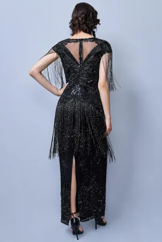 Vista 3 de Vestido largo de boda con flecos de Ethel negro, vestido de graduación de los años 20, gran Gatsby, damas de honor, Charleston, Speakeasy lazo negro