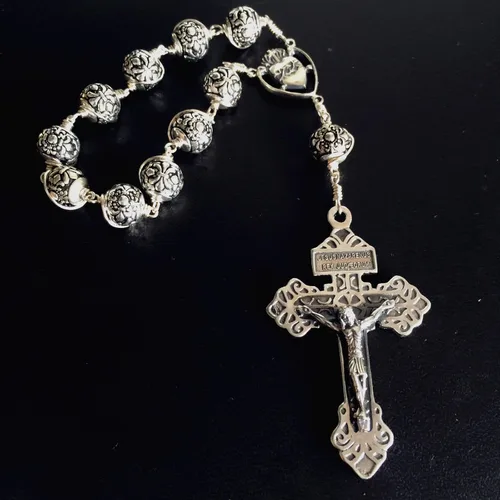 Vista 4 de elegantmedical Hecho a mano Bali plata esterlina cuentas cruz hecha a mano alambre envoltura de una década rosario pulsera caja de regalo