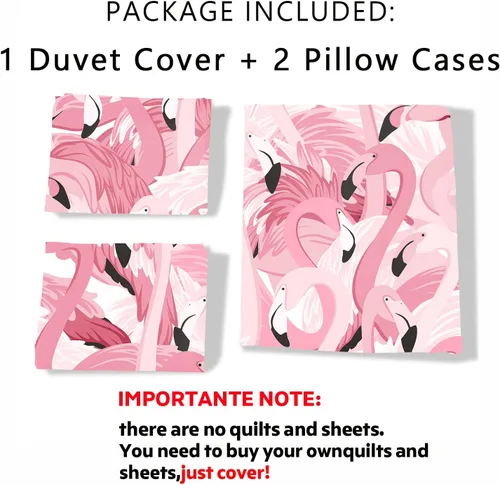 Vista 4 de AILONEN Juego de funda de edredón de flamenco, tamaño matrimonial, juego de ropa de cama con patrón de flamenco tropical para niños y niñas, 1 funda