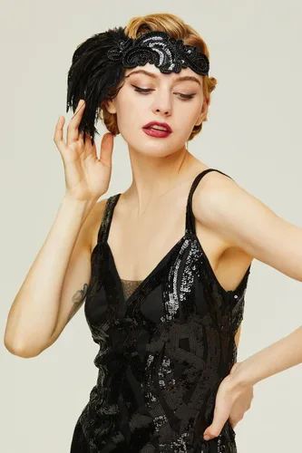 Vista 5 de BABEYOND Diadema tipo flapper de los años 20, accesorio de Gatsby de plumas negras