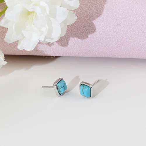 Vista 24 de Tibetan Turquoise Earrings 925 Sterling Silver Post Stud Boho Gemstone Hypoallergenic Handmade Earrings for Women Trendy Fashion