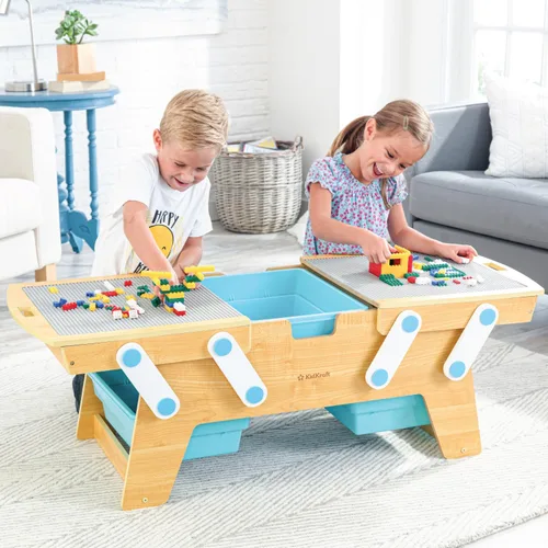 Vista 2 de KidKraft Building Bricks Play N Store Mesa de madera, almacenamiento de juguetes para niños con contenedores, más de 200 bloques de construcción
