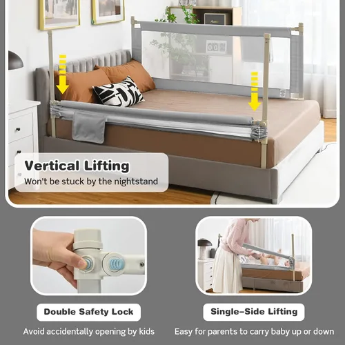Vista 4 de BABY JOY Riel de cama para niños pequeños, 69 pulgadas, extra largo, altura ajustable y plegable, protector de riel de cama de bebé con bolsillo