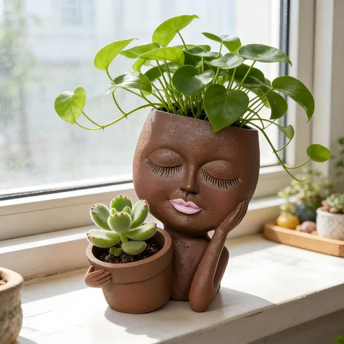 Vista 11 de Maceta con Rostro - Macetas Dobles para Plantas de Interior y Exterior, Resina, Cabeza de Planta con Agujero de Drenaje, Linda Cara de Dama, Macetas