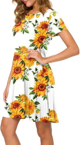Vista 2 de POPYOUNG Womens 2023 Summer Casual T-Shirt Dress Short Sleeves Swing Boho Beach Cover up