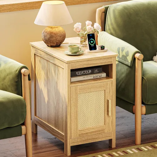Vista 11 de Huuger Mesita de noche estrecha, mesa auxiliar con estación de carga, puerto USB-C, mesa auxiliar de ratán con gabinete y estante abierto, ratán