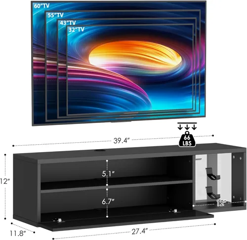 Vista 3 de SogesPower Soporte flotante para TV montado en la pared con luces, soporte de TV LED, centro de entretenimiento flotante con almacenamiento