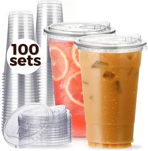 Vista 7 de Paquete de 100 vasos de plástico transparente de 9 onzas con tapas sin popote para beber, vasos desechables de plástico para café helado, vasos