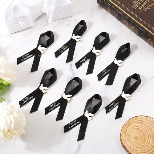 Vista 3 de 50 piezas de cintas de funeral de paloma, cintas conmemorativas de funeral, alfileres de servicio conmemorativo clásico, cinta de respeto con moño