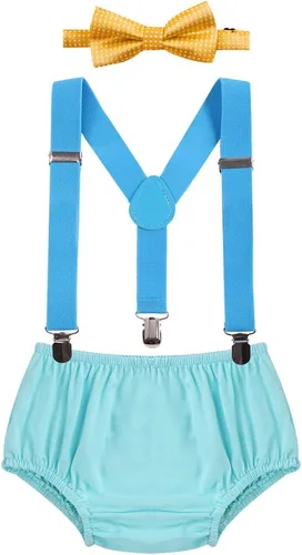 Vista 24 de Conjunto de ropa para festejar el primer cumpleaños de bebés, calzón pañalero con tirantes y corbata de moño. Beige & Blue