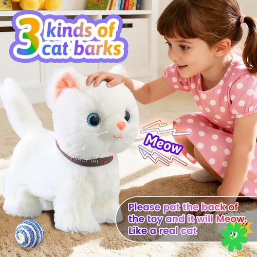 Vista 4 de Juego de gato que camina con correa blanca cantando que ronronea y maulla, robot de peluche animado, gatito, mascota en movimiento, realista, animal