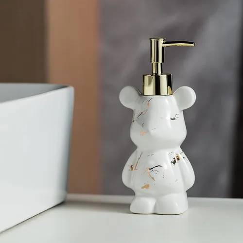 Vista 6 de Pequeño dispensador de jabón de baño con bomba, bonito diseño en forma de oso, dispensador de jabón líquido de cerámica (negro)